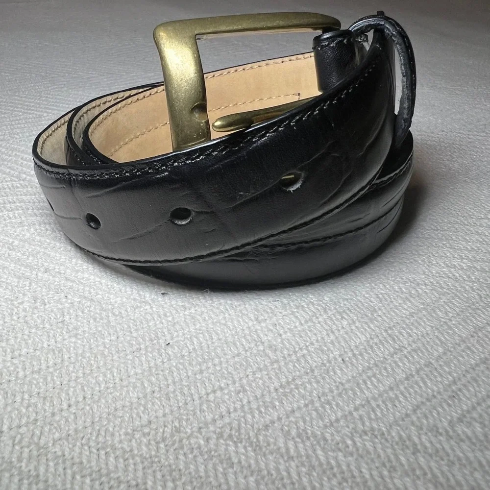 Bosca Essentials Mens Black Italian Leather Croc Embossed Belt Brass Buckle 36